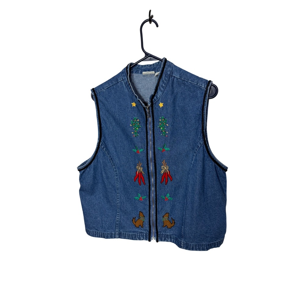 Sun River‎ Vintage Southwestern Christmas Denim Vest Blue Embroidered Zip Up L